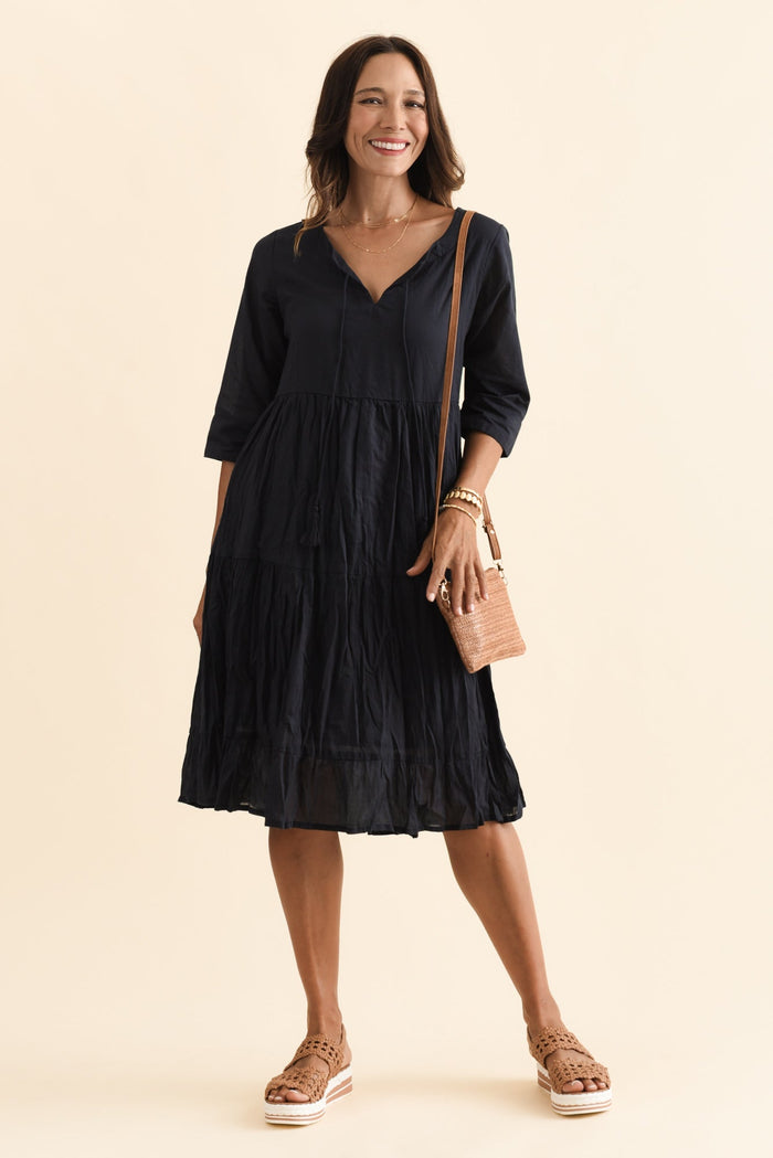 Milana Navy Crinkle Cotton Dress,Brunette model,alt text|model:Cara