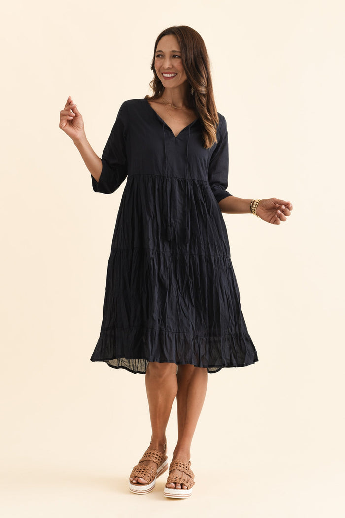 Milana Navy Crinkle Cotton Dress,Brunette model,alt text|model:Cara