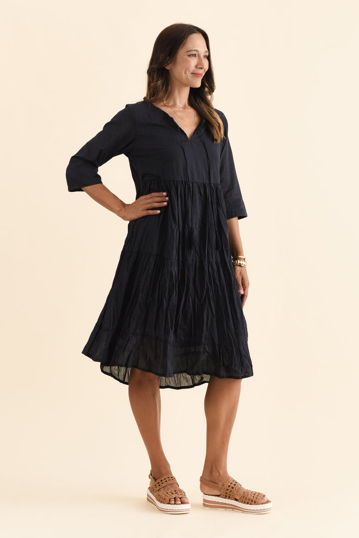Milana Navy Crinkle Cotton Dress,Brunette model,alt text|model:Cara