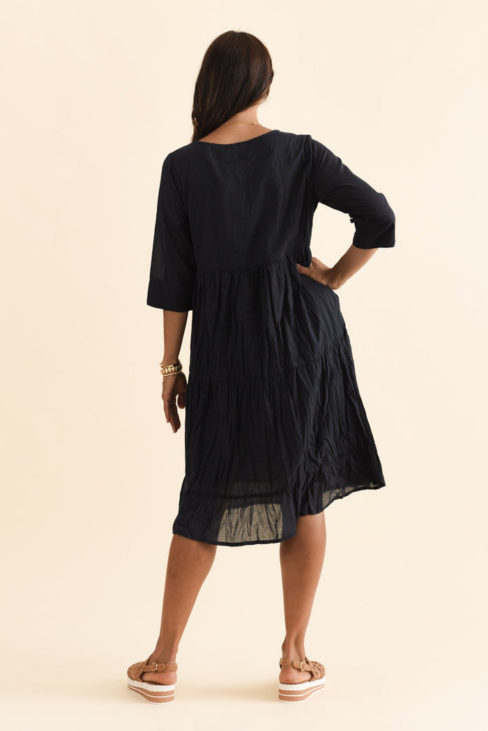 Milana Navy Crinkle Cotton Dress,Brunette model,alt text|model:Cara