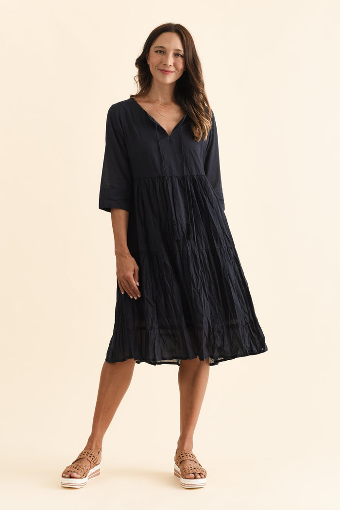 Milana Navy Crinkle Cotton Dress,Brunette model,alt text|model:Cara