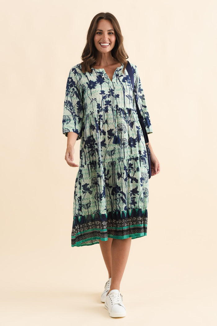 Milana Navy Dandelion Crinkle Cotton Dress,Brunette model,alt text|model:MJ