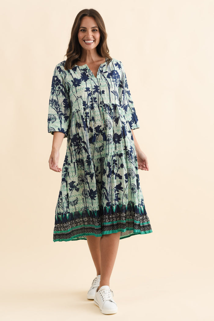 Milana Navy Dandelion Crinkle Cotton Dress,Brunette model,alt text|model:MJ