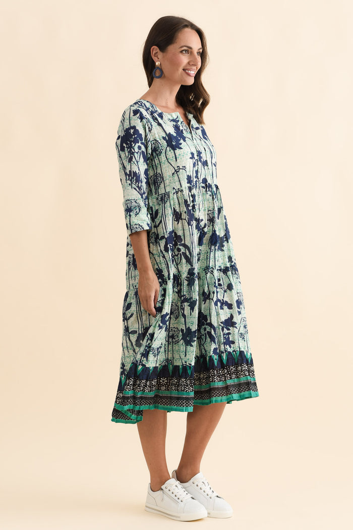 Milana Navy Dandelion Crinkle Cotton Dress,Brunette model,alt text|model:MJ