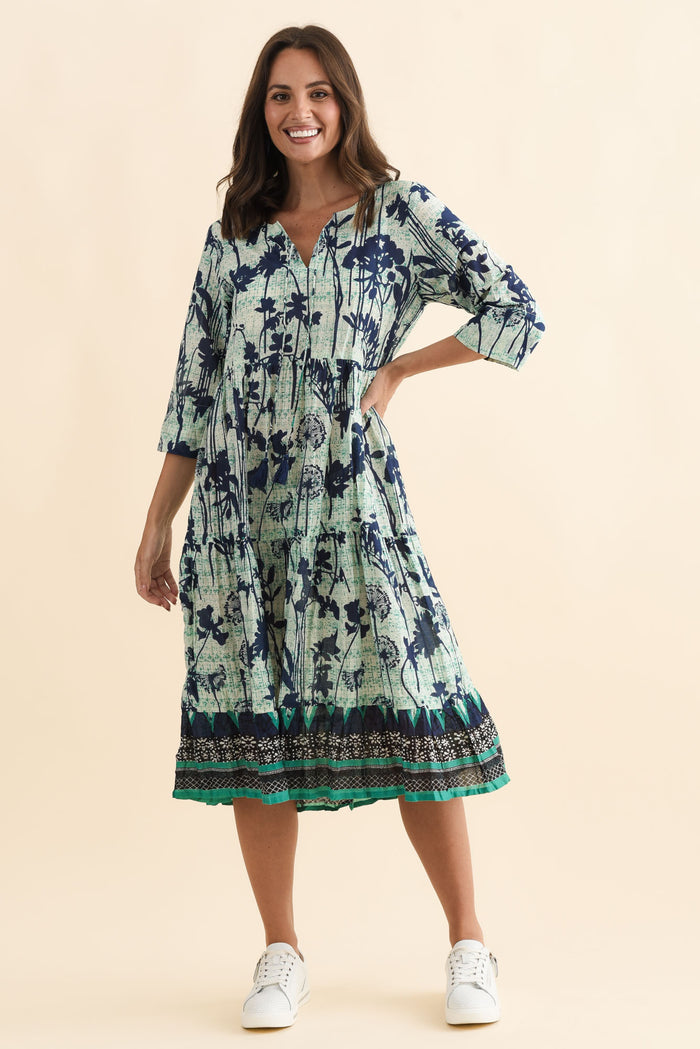 Milana Navy Dandelion Crinkle Cotton Dress,Brunette model,alt text|model:MJ