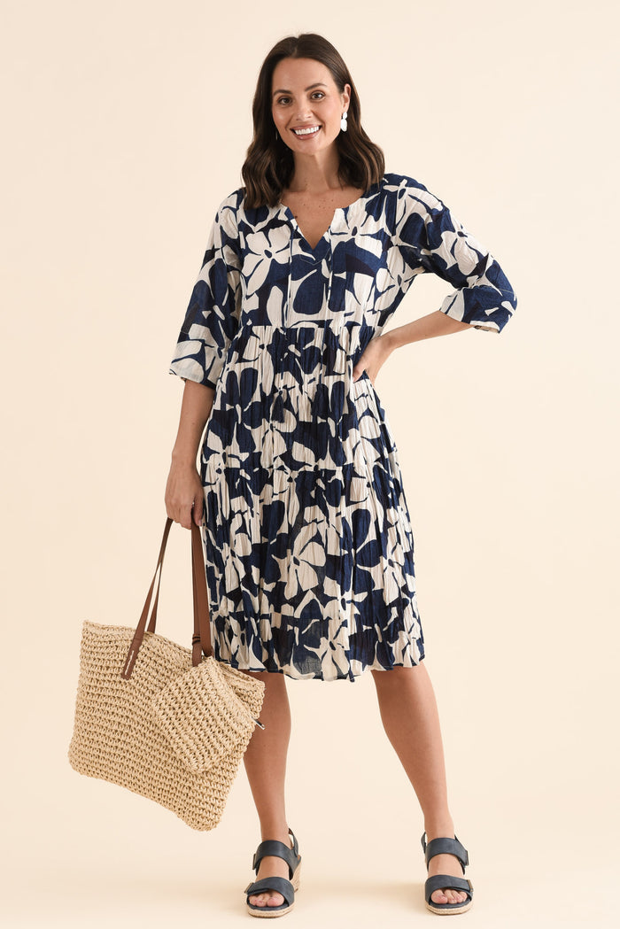 Milana Navy Garden Crinkle Cotton Dress,Front,Brunette model,alt text|model:MJ