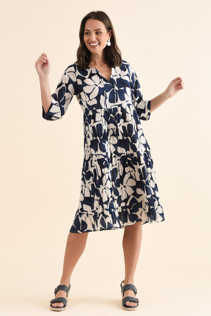 Milana Navy Garden Crinkle Cotton Dress,Full Body,Brunette model,alt text|model:MJ