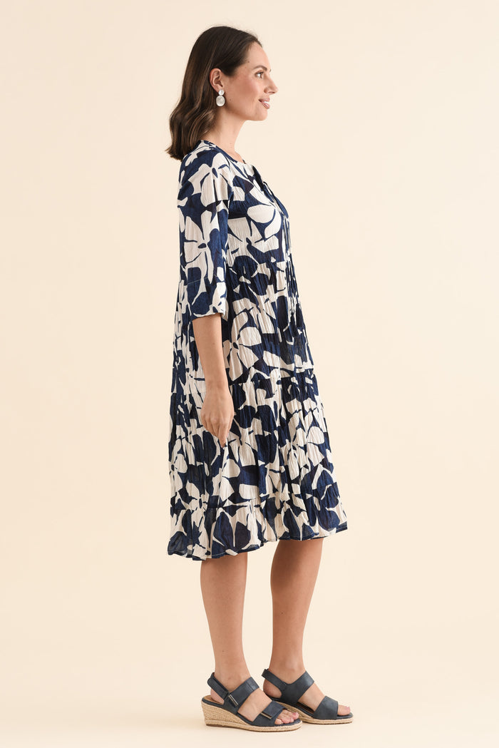 Milana Navy Garden Crinkle Cotton Dress,Side,Brunette model,alt text|model:MJ