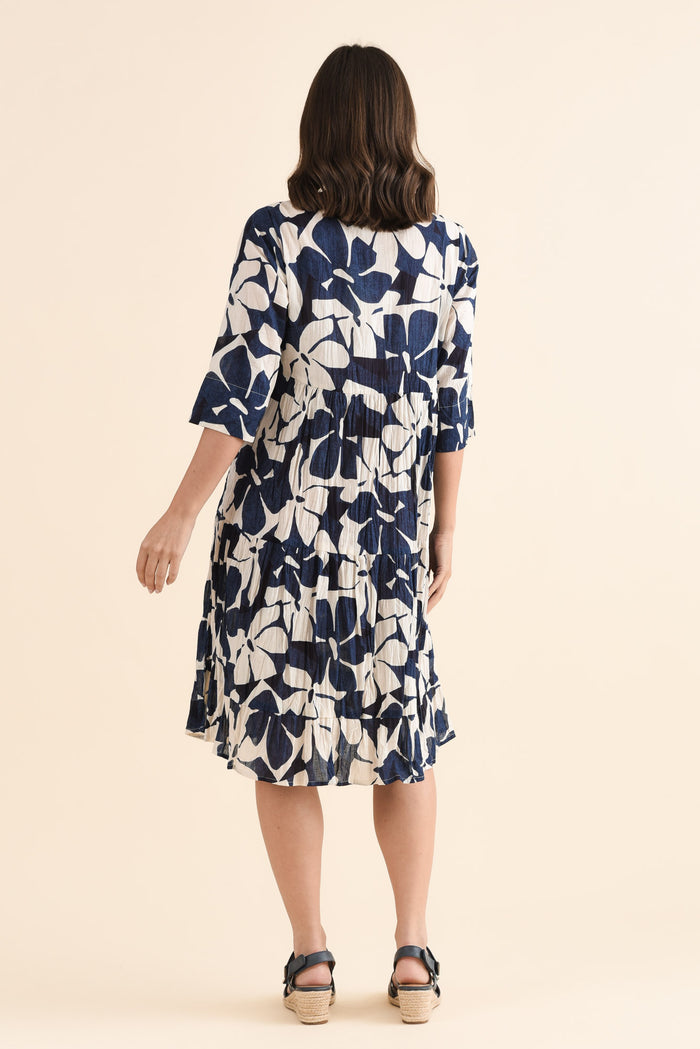 Milana Navy Garden Crinkle Cotton Dress,Back,Brunette model,alt text|model:MJ