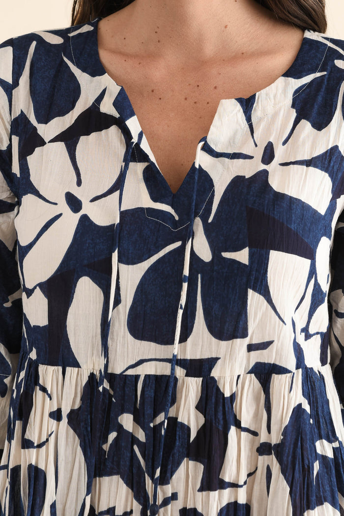 Milana Navy Garden Crinkle Cotton Dress,Detail,Brunette model,alt text|model:MJ