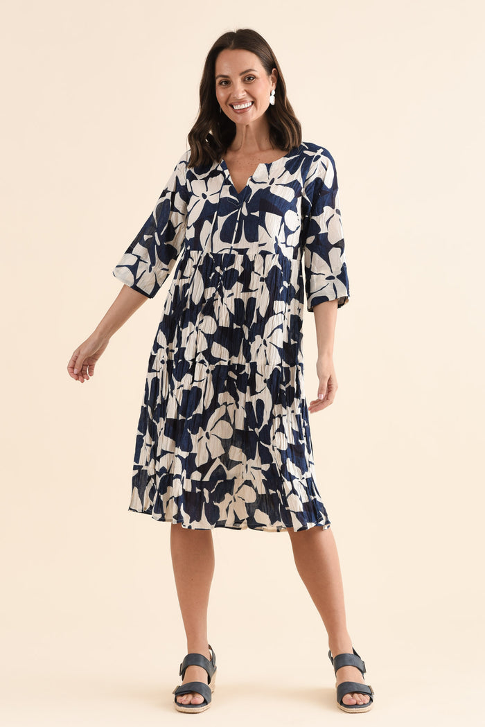 Milana Navy Garden Crinkle Cotton Dress,Full Body,Brunette model,alt text|model:MJ