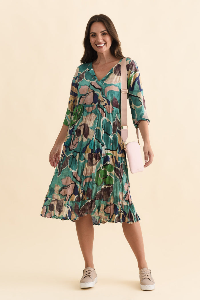 Milana Teal Foliage Crinkle Cotton Dress,Brunette model,alt text|model:MJ