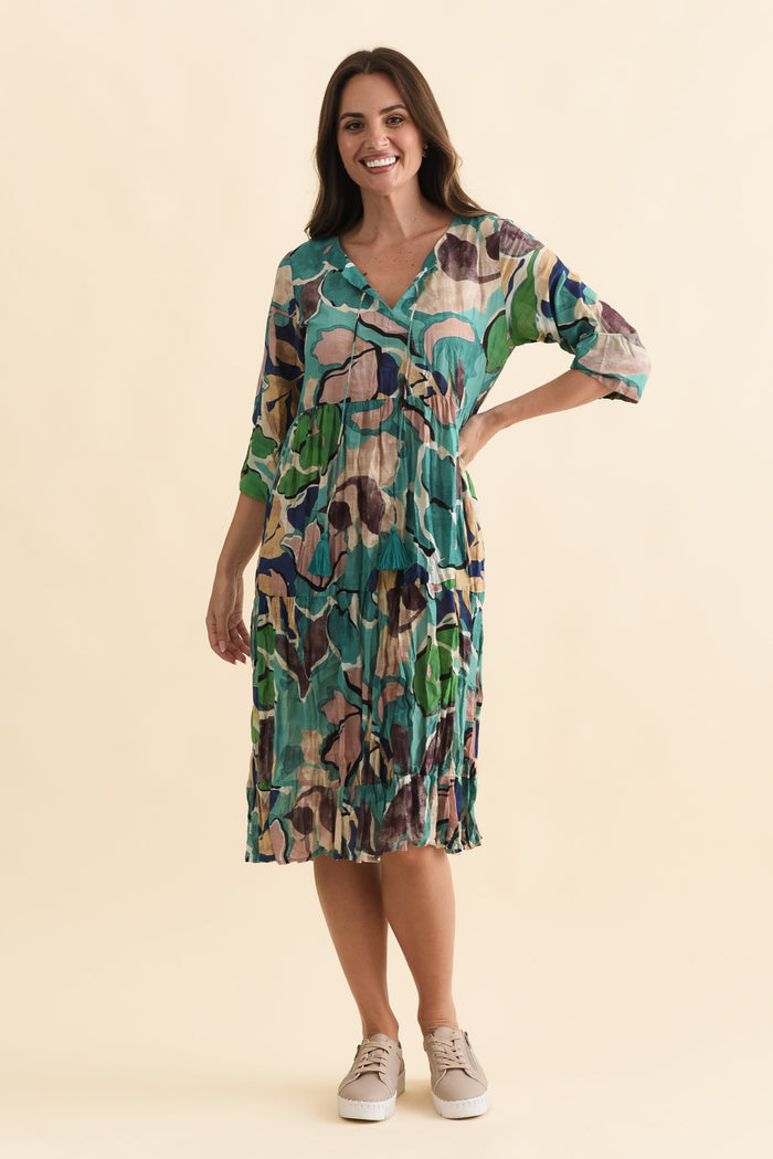 Milana Teal Foliage Crinkle Cotton Dress,Brunette model,alt text|model:MJ