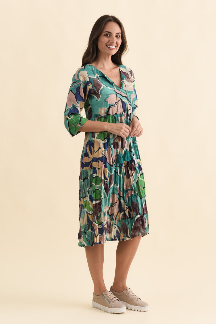 Milana Teal Foliage Crinkle Cotton Dress,Brunette model,alt text|model:MJ