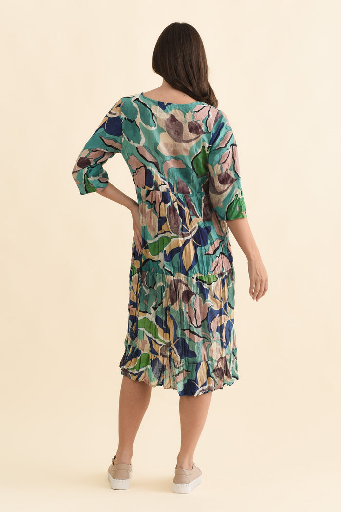 Milana Teal Foliage Crinkle Cotton Dress,Brunette model,alt text|model:MJ