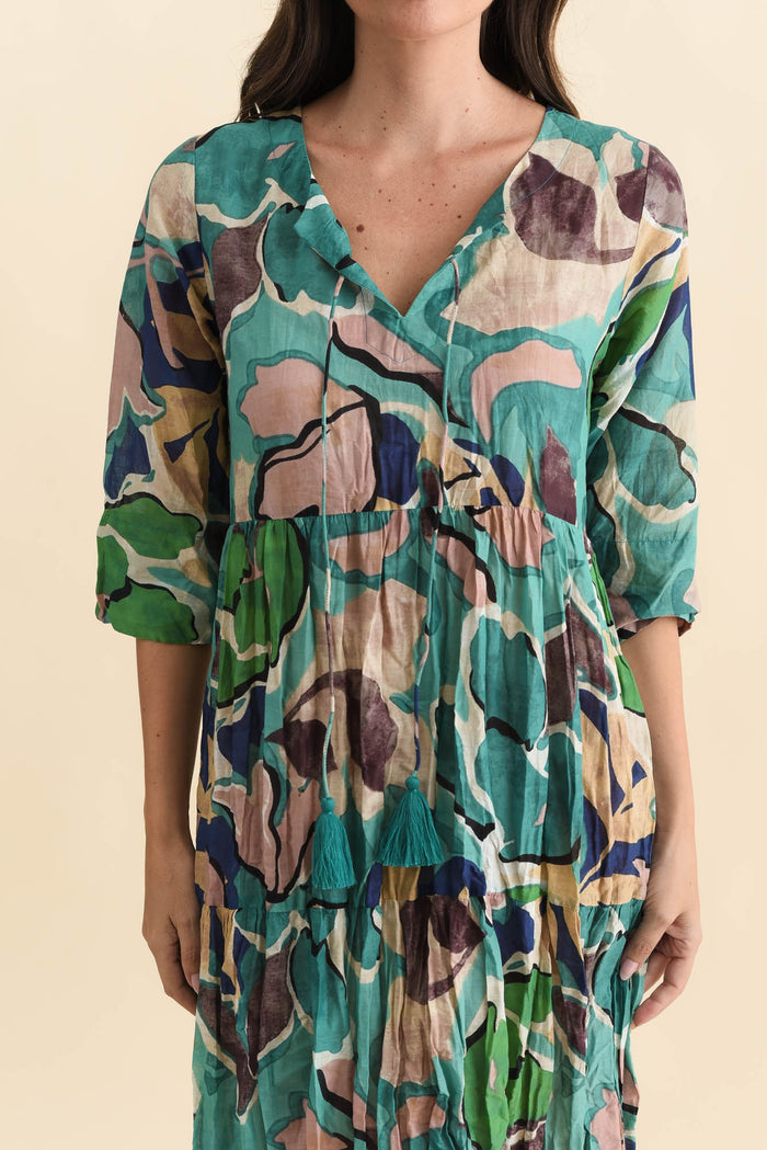 Milana Teal Foliage Crinkle Cotton Dress,Brunette model,alt text|model:MJ