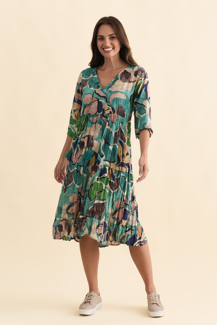 Milana Teal Foliage Crinkle Cotton Dress,Brunette model,alt text|model:MJ