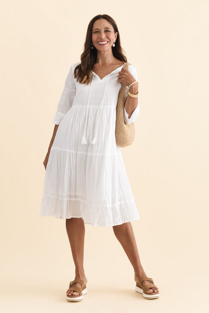 Milana White Crinkle Cotton Dress,Brunette model,alt text|model:Cara