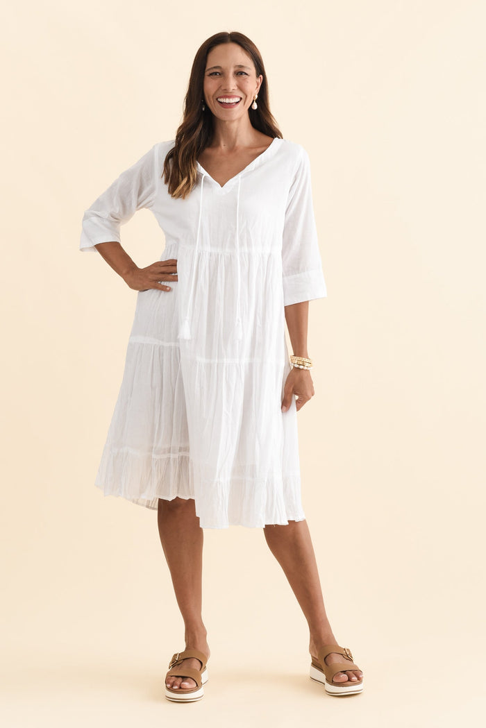 Milana White Crinkle Cotton Dress,Brunette model,alt text|model:Cara
