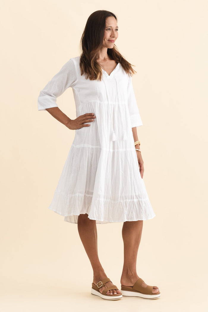 Milana White Crinkle Cotton Dress,Brunette model,alt text|model:Cara