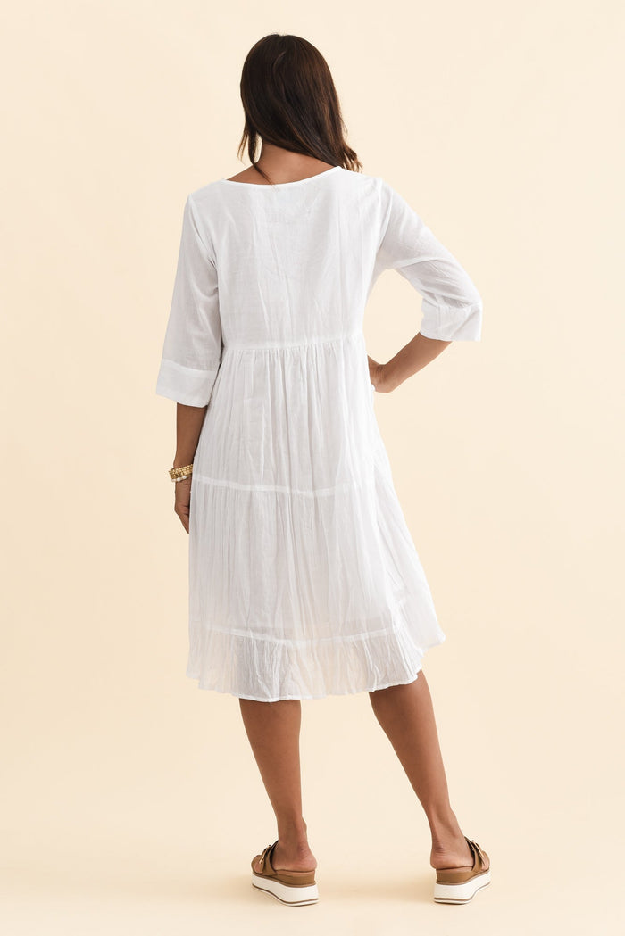 Milana White Crinkle Cotton Dress,Brunette model,alt text|model:Cara