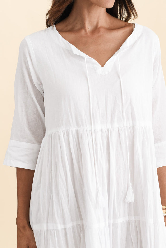 Milana White Crinkle Cotton Dress,Brunette model,alt text|model:Cara