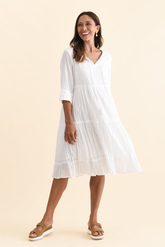 Milana White Crinkle Cotton Dress,Brunette model,alt text|model:Cara