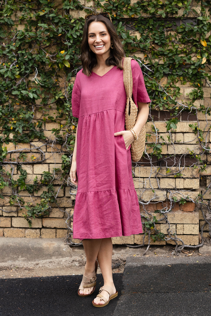 Miller Pink Linen Tiered Dress,Lifestyle