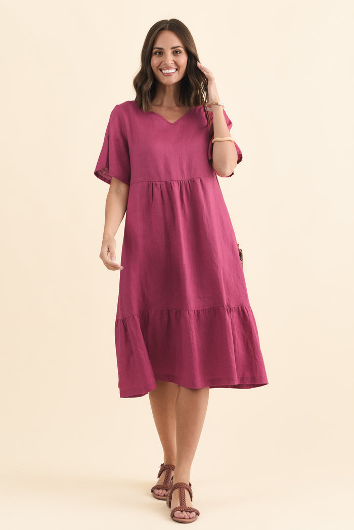 Miller Pink Linen Tiered Dress,Brunette model,alt text|model:MJ