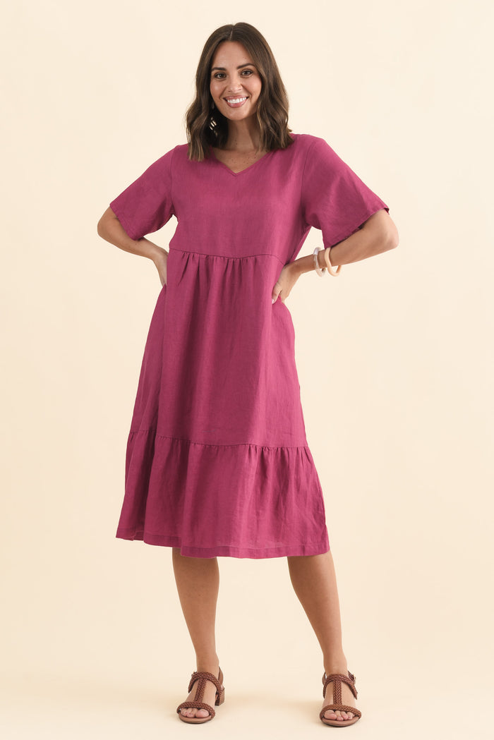 Miller Pink Linen Tiered Dress,Brunette model,alt text|model:MJ