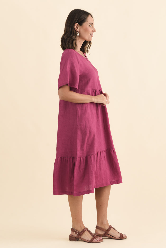Miller Pink Linen Tiered Dress,Brunette model,alt text|model:MJ