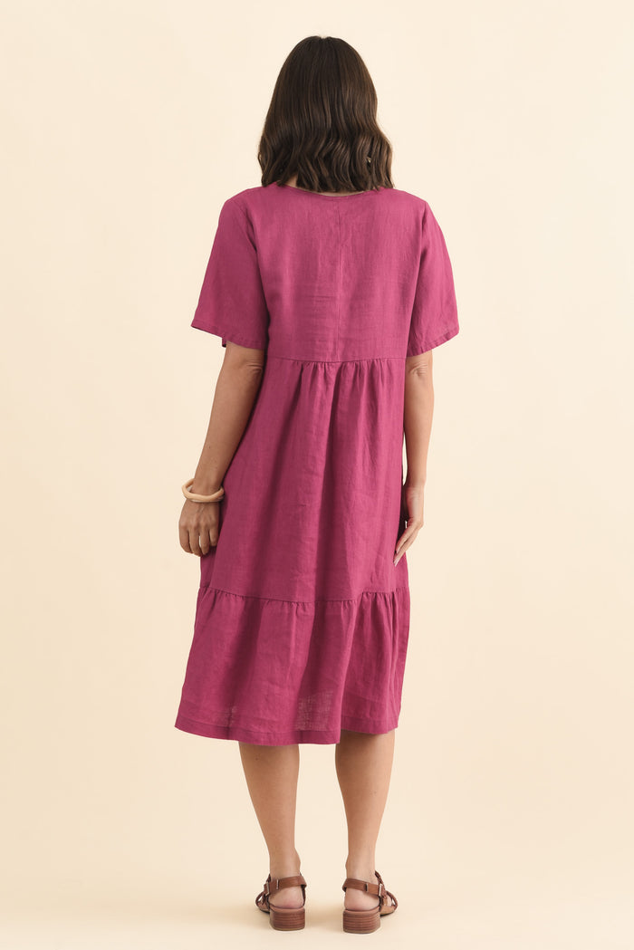 Miller Pink Linen Tiered Dress,Brunette model,alt text|model:MJ