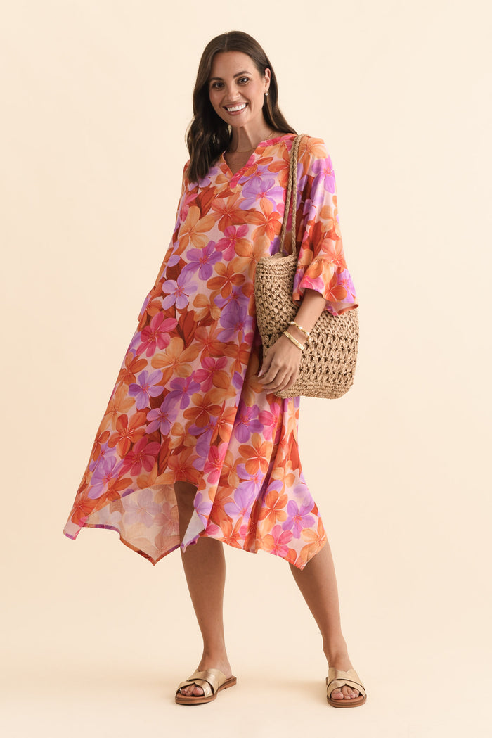 Millicent Orange Garden Linen Cotton Dress,Brunette model,alt text|model:MJ
