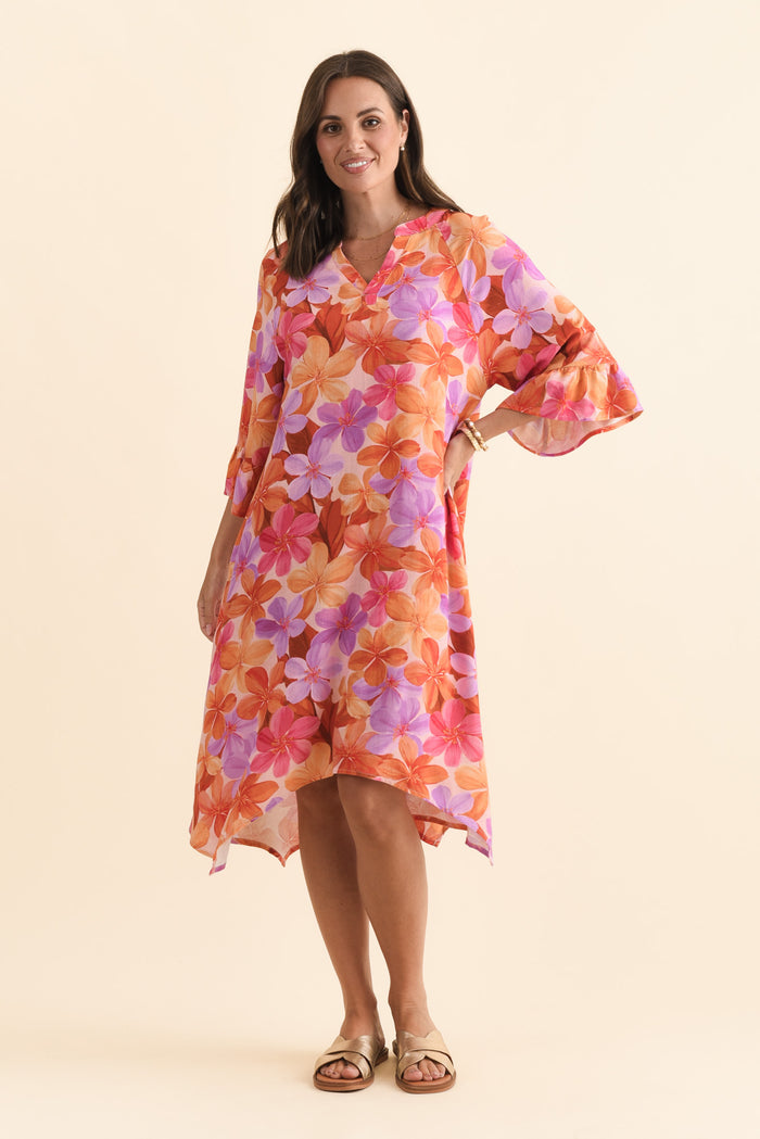 Millicent Orange Garden Linen Cotton Dress,Brunette model,alt text|model:MJ