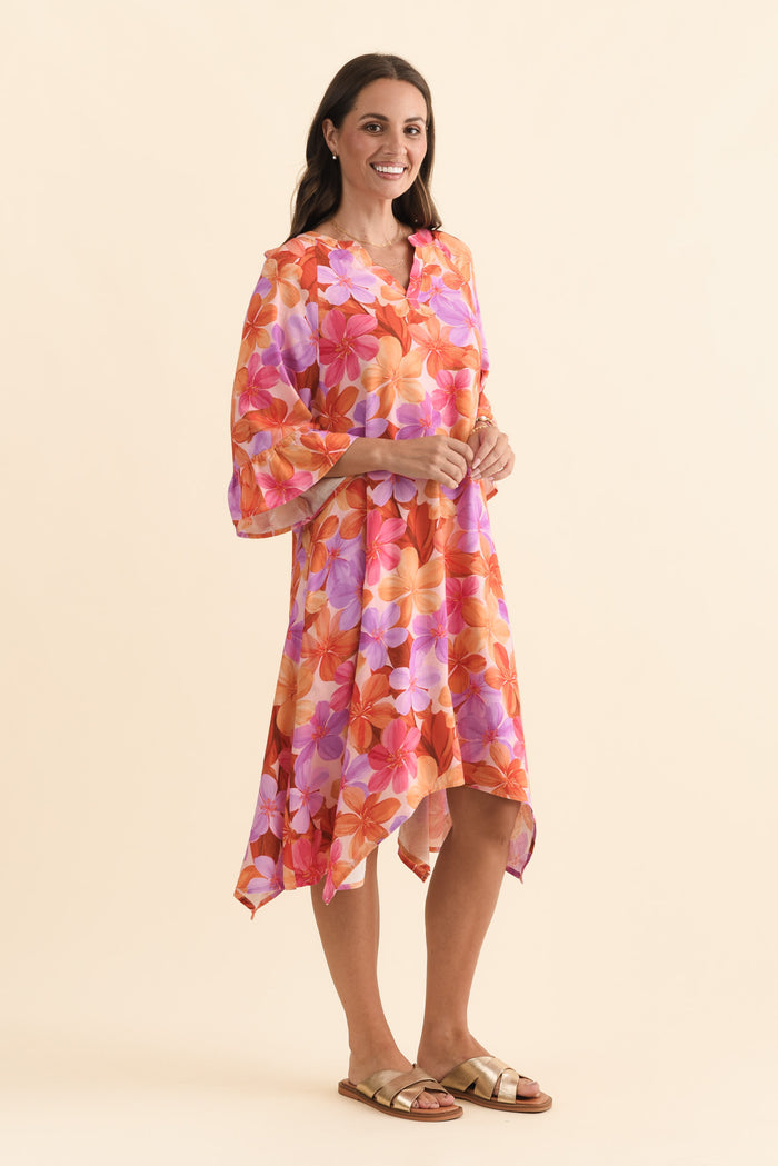 Millicent Orange Garden Linen Cotton Dress,Brunette model,alt text|model:MJ