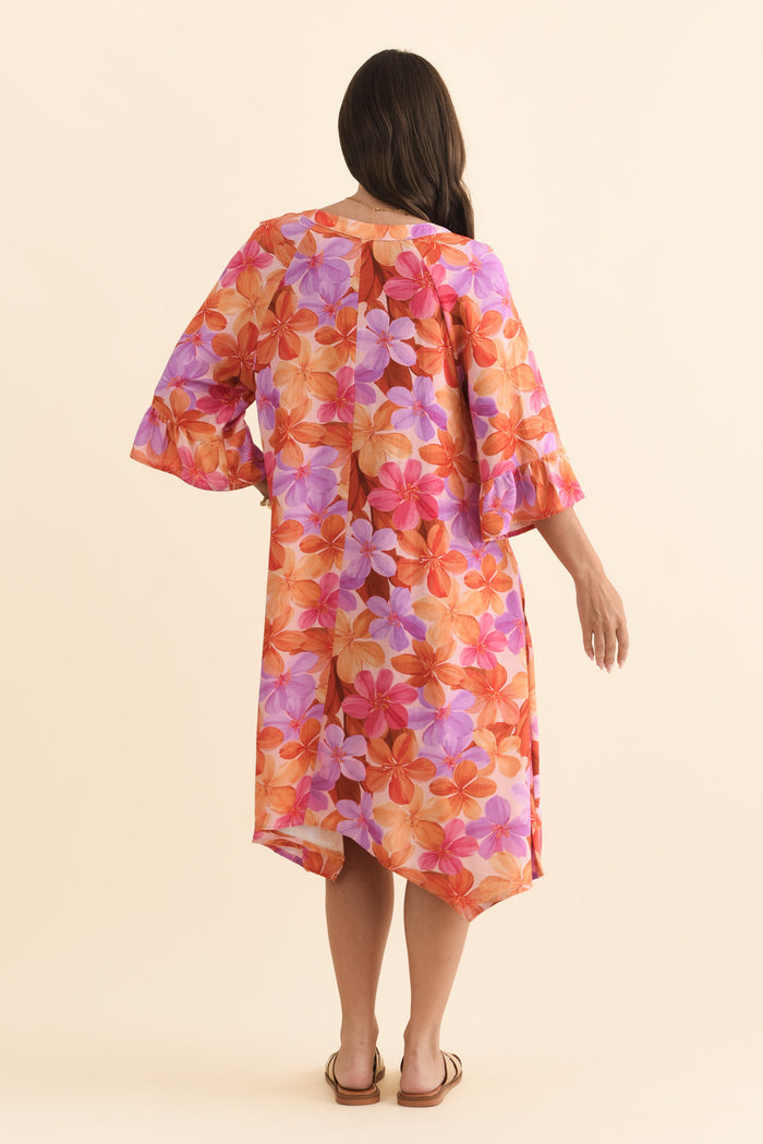 Millicent Orange Garden Linen Cotton Dress,Brunette model,alt text|model:MJ
