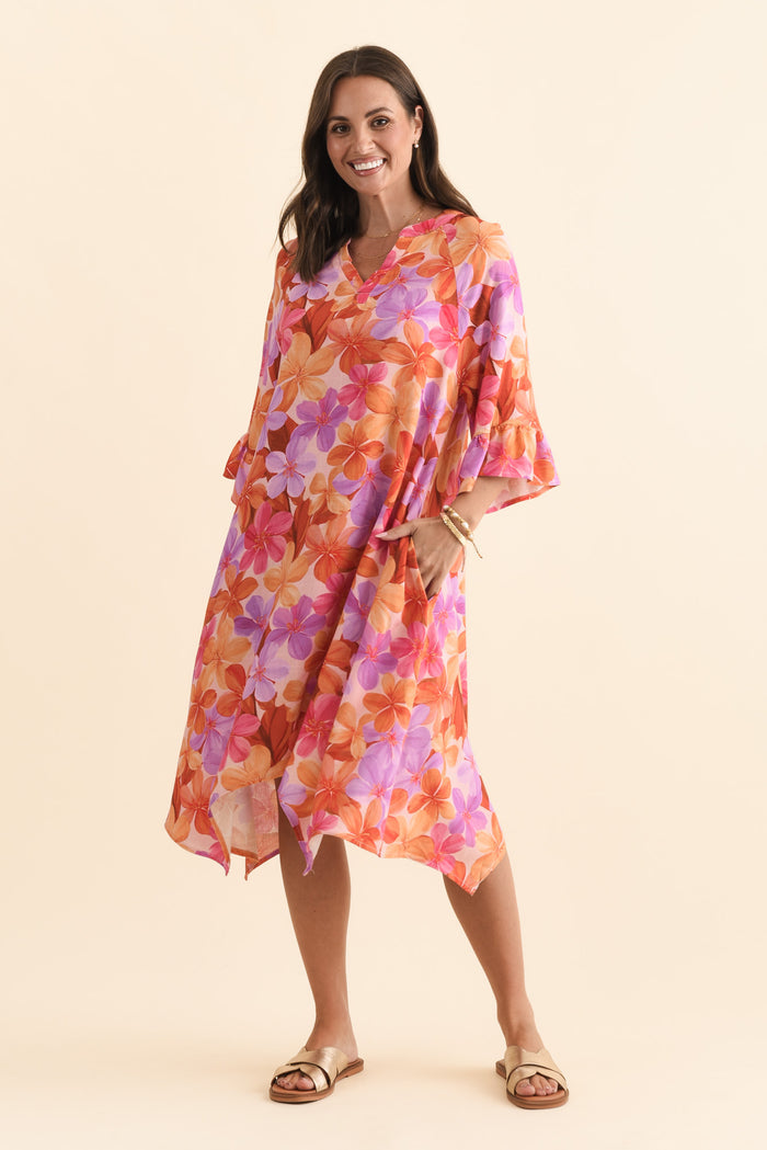 Millicent Orange Garden Linen Cotton Dress,Brunette model,alt text|model:MJ