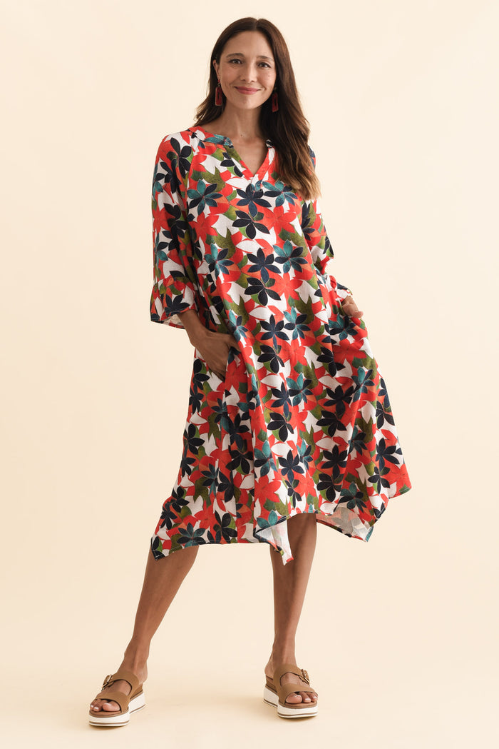 Millicent Red Leaf Linen Cotton Dress,Brunette model,alt text|model:Cara