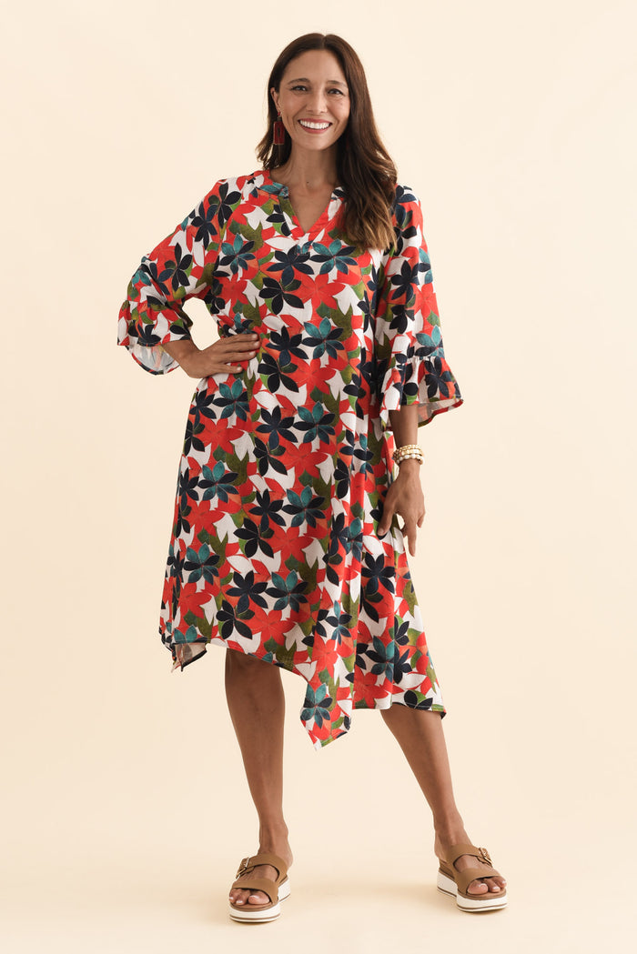 Millicent Red Leaf Linen Cotton Dress,Brunette model,alt text|model:Cara