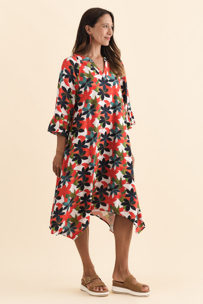 Millicent Red Leaf Linen Cotton Dress,Brunette model,alt text|model:Cara