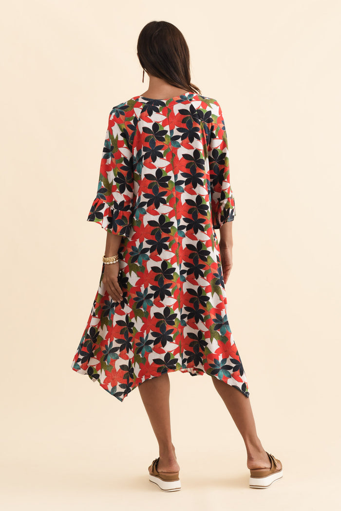 Millicent Red Leaf Linen Cotton Dress,Brunette model,alt text|model:Cara