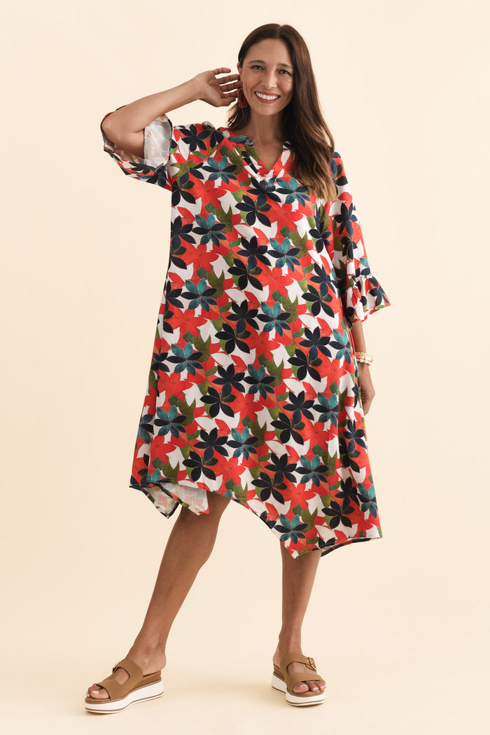 Millicent Red Leaf Linen Cotton Dress,Brunette model,alt text|model:Cara