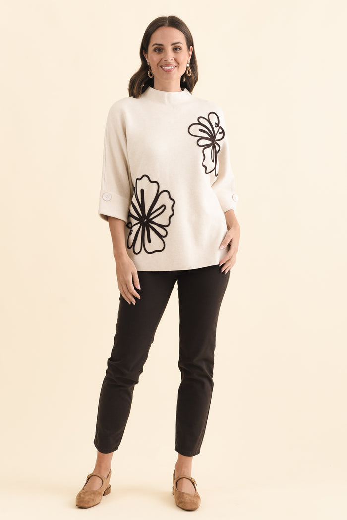 Mimosa Beige Flower Knit Jumper,Brunette model,alt text|model:MJ