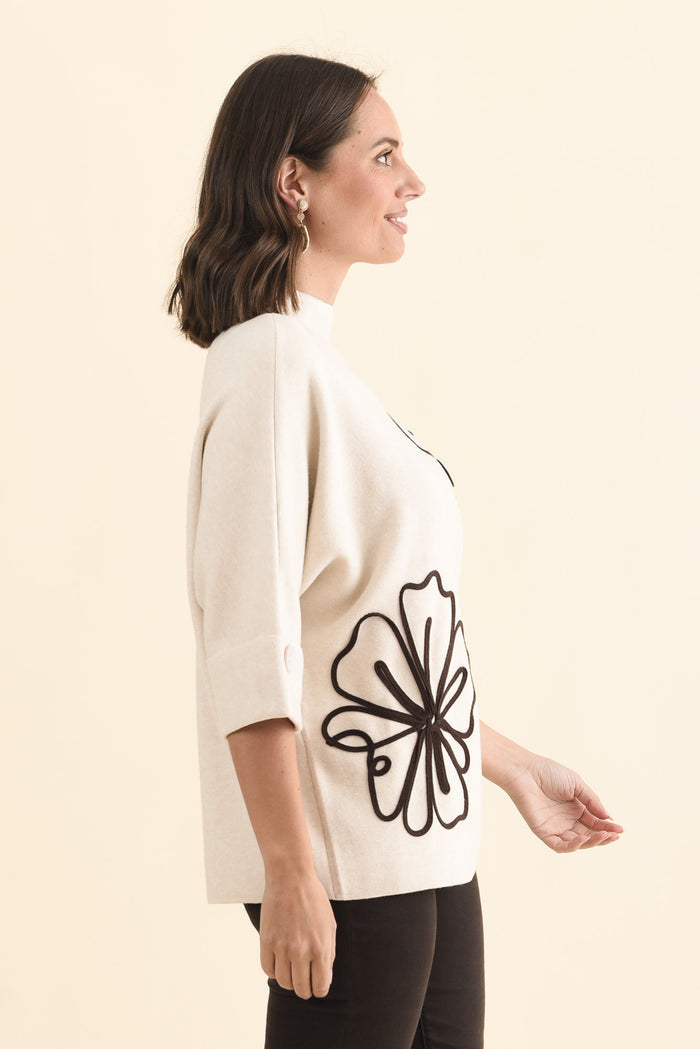 Mimosa Beige Flower Knit Jumper,Brunette model,alt text|model:MJ