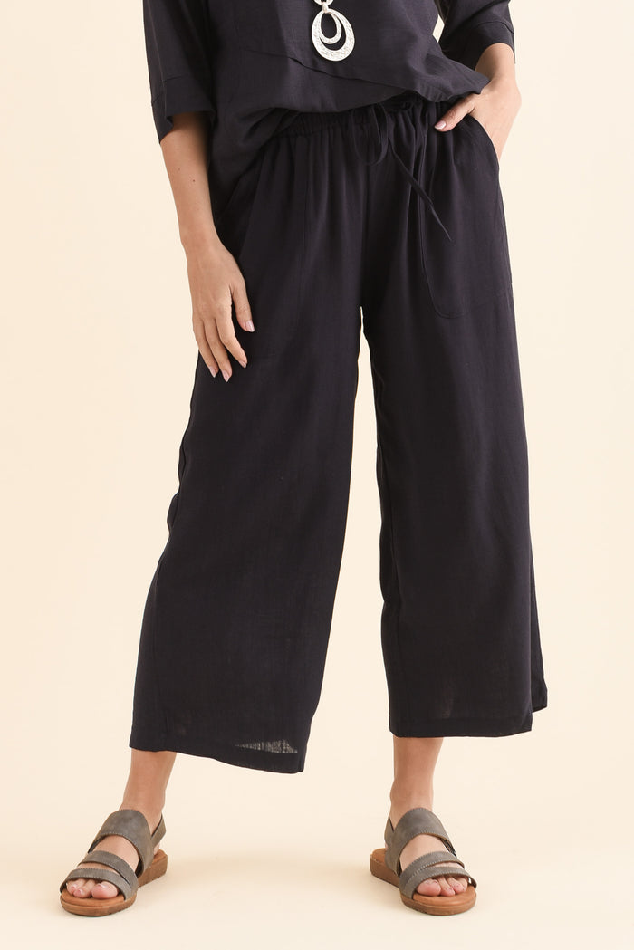 Minnelli Dark Blue Linen Cotton Pants,Front,Brunette model,alt text|model:MJ