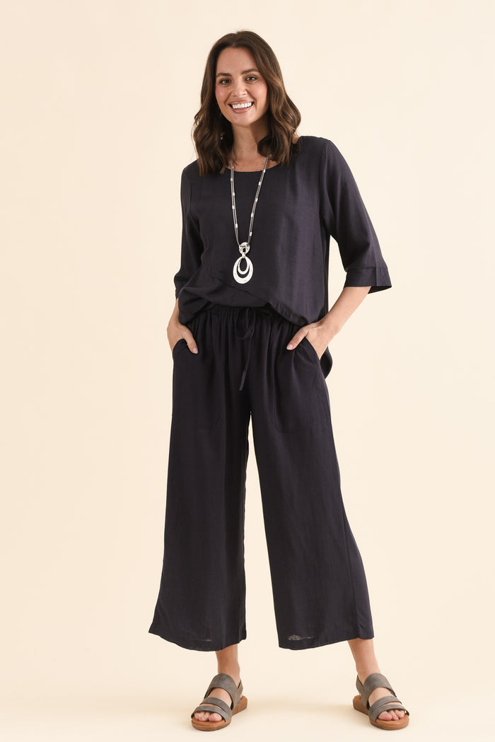 Minnelli Dark Blue Linen Cotton Pants,Full Body,Brunette model,alt text|model:MJ