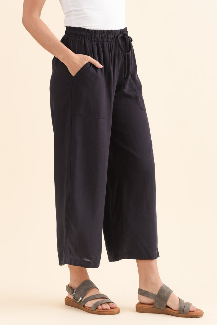 Minnelli Dark Blue Linen Cotton Pants,Side,Brunette model,alt text|model:MJ