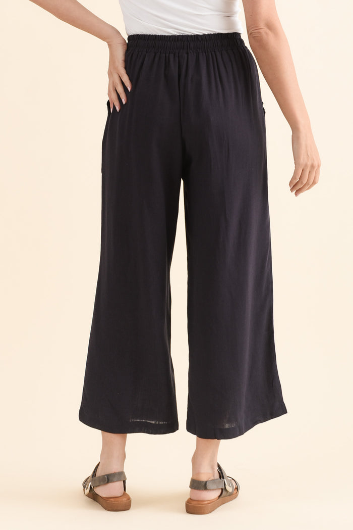 Minnelli Dark Blue Linen Cotton Pants,Back,Brunette model,alt text|model:MJ