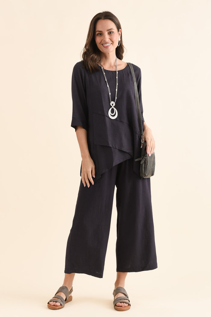 Minnelli Dark Blue Linen Cotton Pants,Full Body,Brunette model,alt text|model:MJ