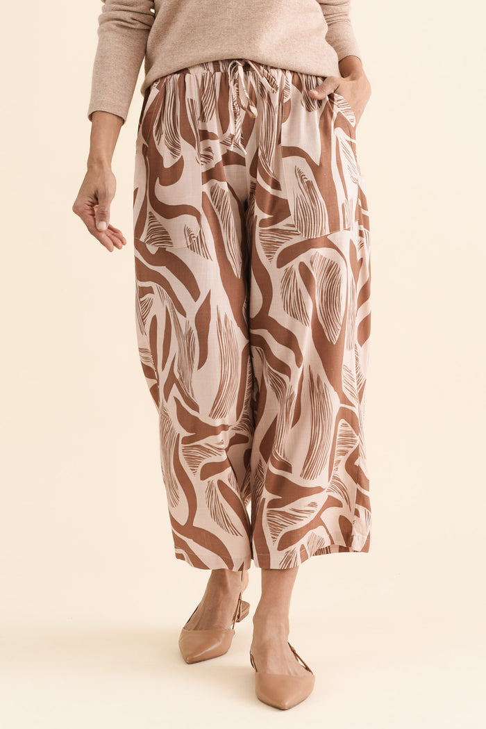 Minnelli Tan Abstract Linen Cotton Pants,brunette model,Front of Outfit,alt text|model:Cara